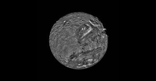A view of Miranda created by a mosaic of images taken by NASA's Voyager 2 spacecraft