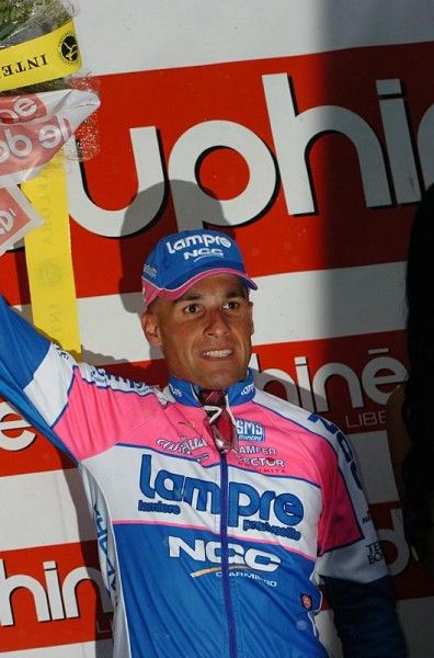 Italy's Angelo Furlan (Lampre-NGC) on the podium after stage 2.