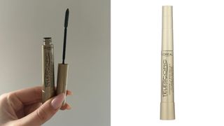 On the left, a close-up of Digital Beauty Writer, Sennen Prickett's hand holding the L'Oreal Telescopic mascara - in front of a white wall - and on the right, a product shot of the same L'Oreal Telescopic mascara, on a white background