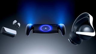 A picture of a PlayStation Portal, Pulse Explore earbuds, and Pulse Elite headset