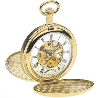 A gold pocket watch with a double case open to show the inner workings of the clock