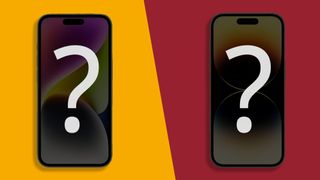 Implied iPhone 15 and iPhone 15 Pro silhouettes, obscured by question marks on a split-color background