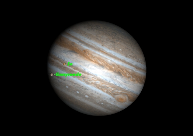 Jupiter&#039;s moons Io and Ganymede will cast shadows on the planet as viewed from North America on Jan. 24, 2011. 