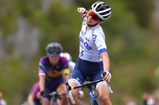 Cecilie Uttrup of Ludwig (FDJ Nouvelle Aquitaine Futuroscope) celebrates winning stage 3 at Vuelta A Burgos Feminas