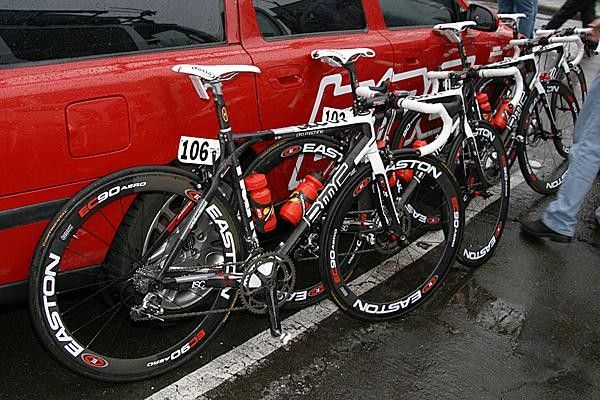 A row of BMC bikes await a day's work in the rain.