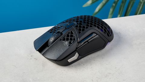 Photograph of the SteelSeries Aerox 5 wireless gaming mouse with honeycomb design