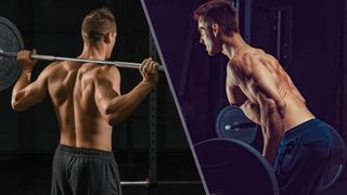 an image of a man doing a good morning and a man doing a barbell bent over row
