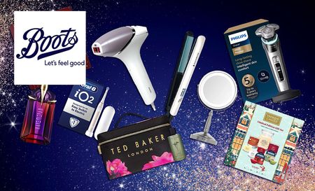 Boots logo top left with a collage of gifts