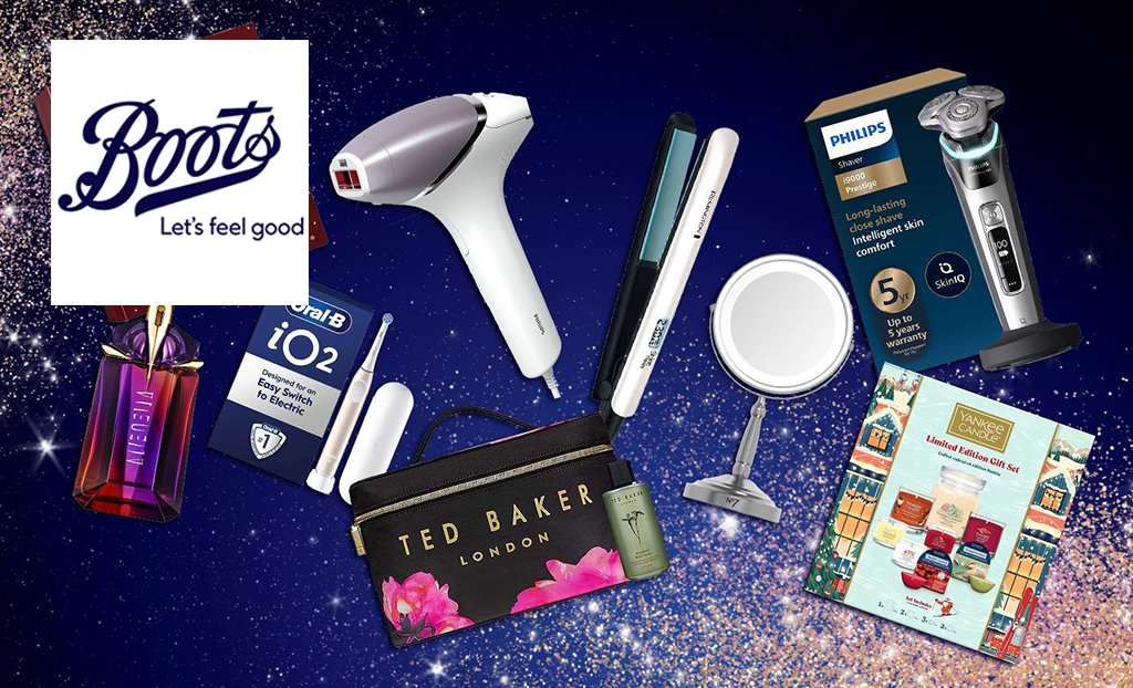 Boots logo top left with a collage of gifts