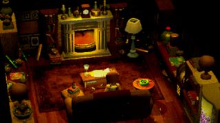 A character sits in front of a fireplace in Crow Country