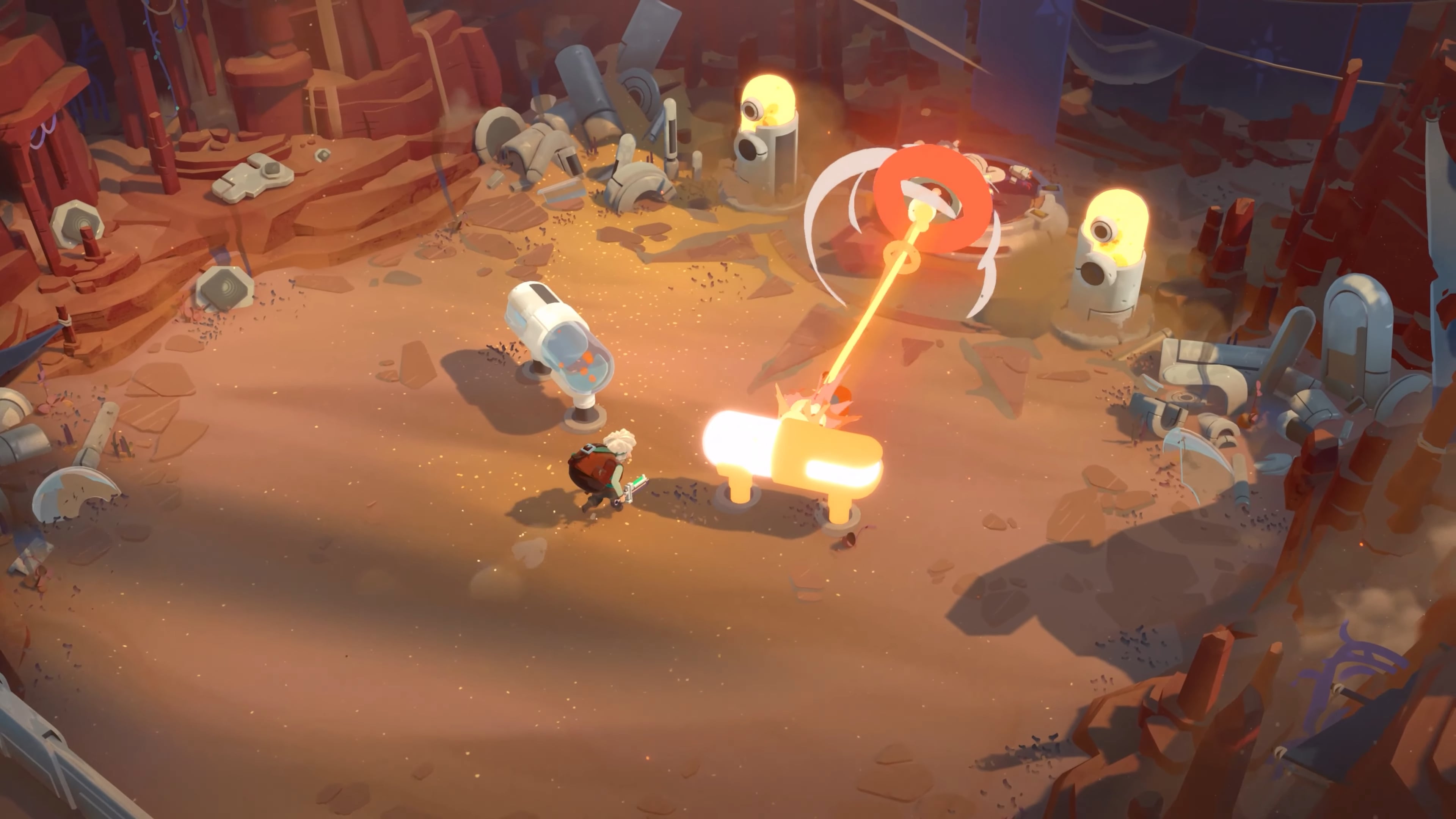 Moonlighter 2 screenshot of the boss destroying a piece of cover.