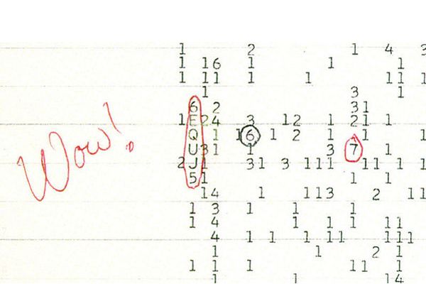 A scan of a color copy of the original computer printout bearing the Wow! signal, taken several years after the signal&#039;s 1977 arrival.