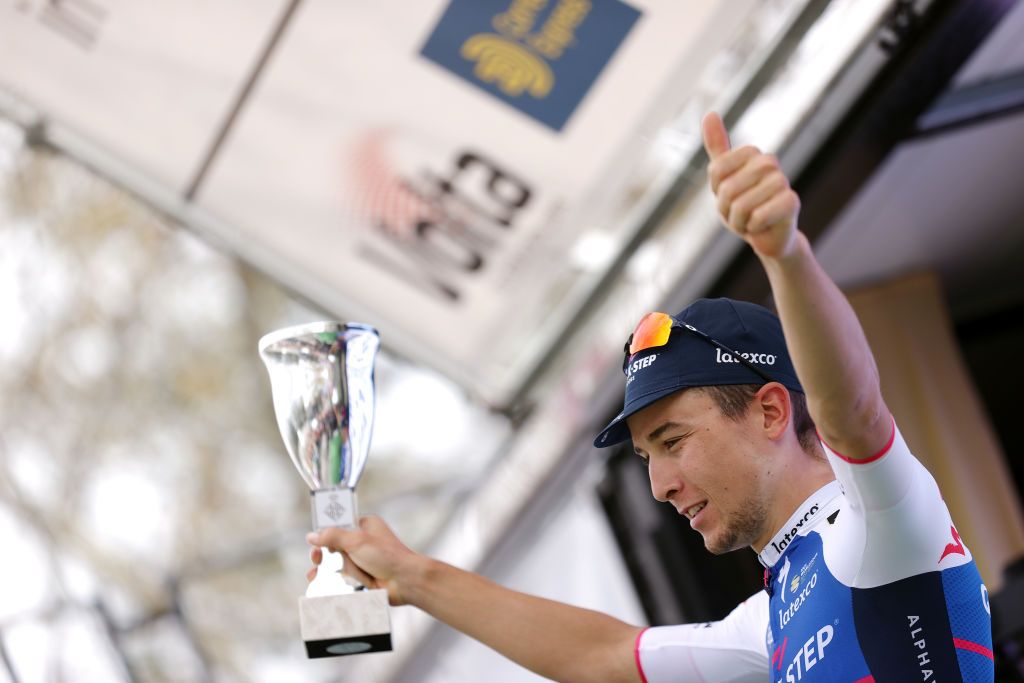 BARCELONA SPAIN MARCH 27 Andrea Bagioli of Italy and Team QuickStep Alpha Vinyl celebrates winning the stage on the podium ceremony after the 101st Volta Ciclista a Catalunya 2022 Stage 7 a 1387km stage from Barcelona to Barcelona VoltaCatalunya101 WorldTour on March 27 2022 in Barcelona Spain Photo by Gonzalo Arroyo MorenoGetty Images