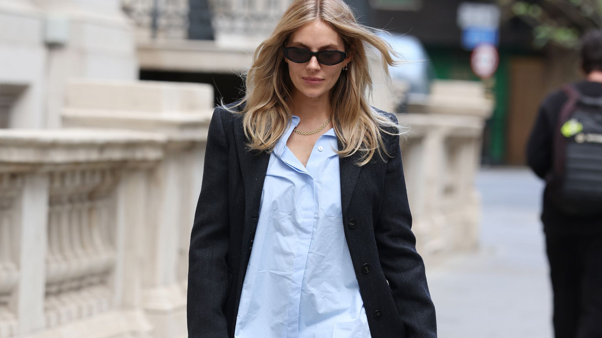 Sienna Miller wears a Mango Coat, Mango shirt and Mango trousers