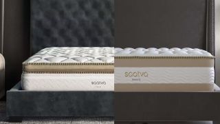 The image shows the Saatva RX on the left hand hand side of the image and the Saatva Solaire on the right hand side, in a side by side comparison