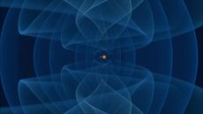 An illustration of a lightweight black hole (gray) and a neutron star (orange). The emitted gravitational waves are shown in colors from dark blue to cyan.