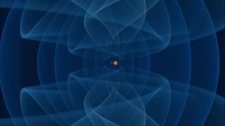 An illustration of a lightweight black hole (gray) and a neutron star (orange). The emitted gravitational waves are shown in colors from dark blue to cyan.