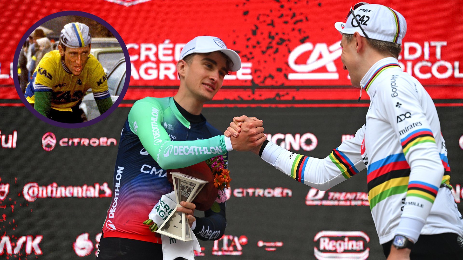 Paul Seixas and Tadej Pogačar, with Sean Kelly circled top left.