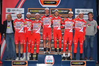 Gianni Savio of Italy and his Androni Giocattoli team on the Gran Piemonte podium