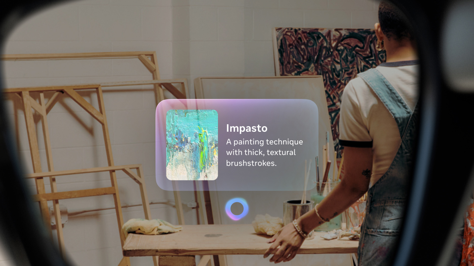 An official image of Meta Ray-Ban Display Glasses' display showing a Meta AI prompt about artwork