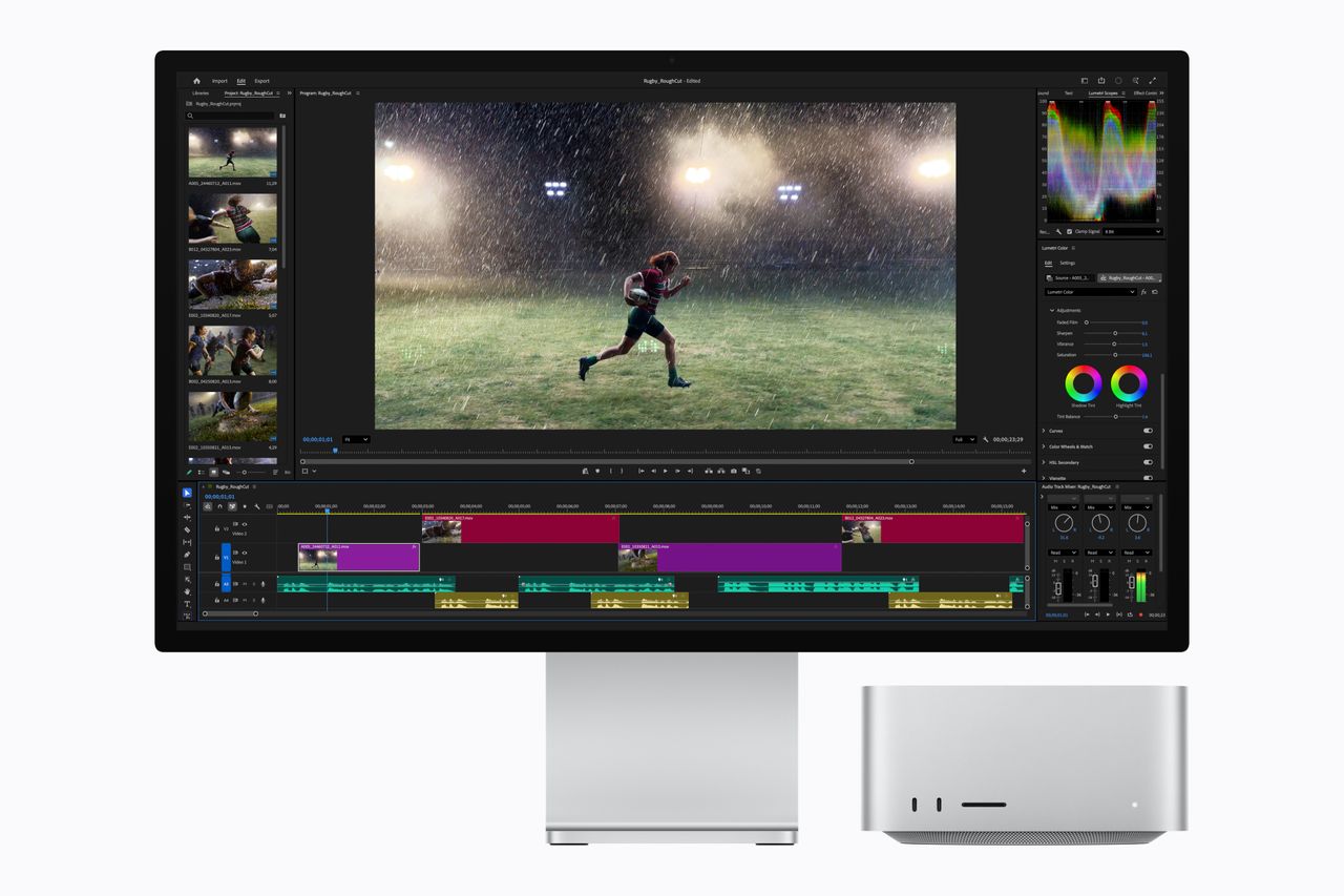 The Apple Mac Studio with M5 Ultra chip pictured against a white background with video editing software on desktop monitor.