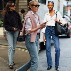 collage of women wearing stovepipe jeans 