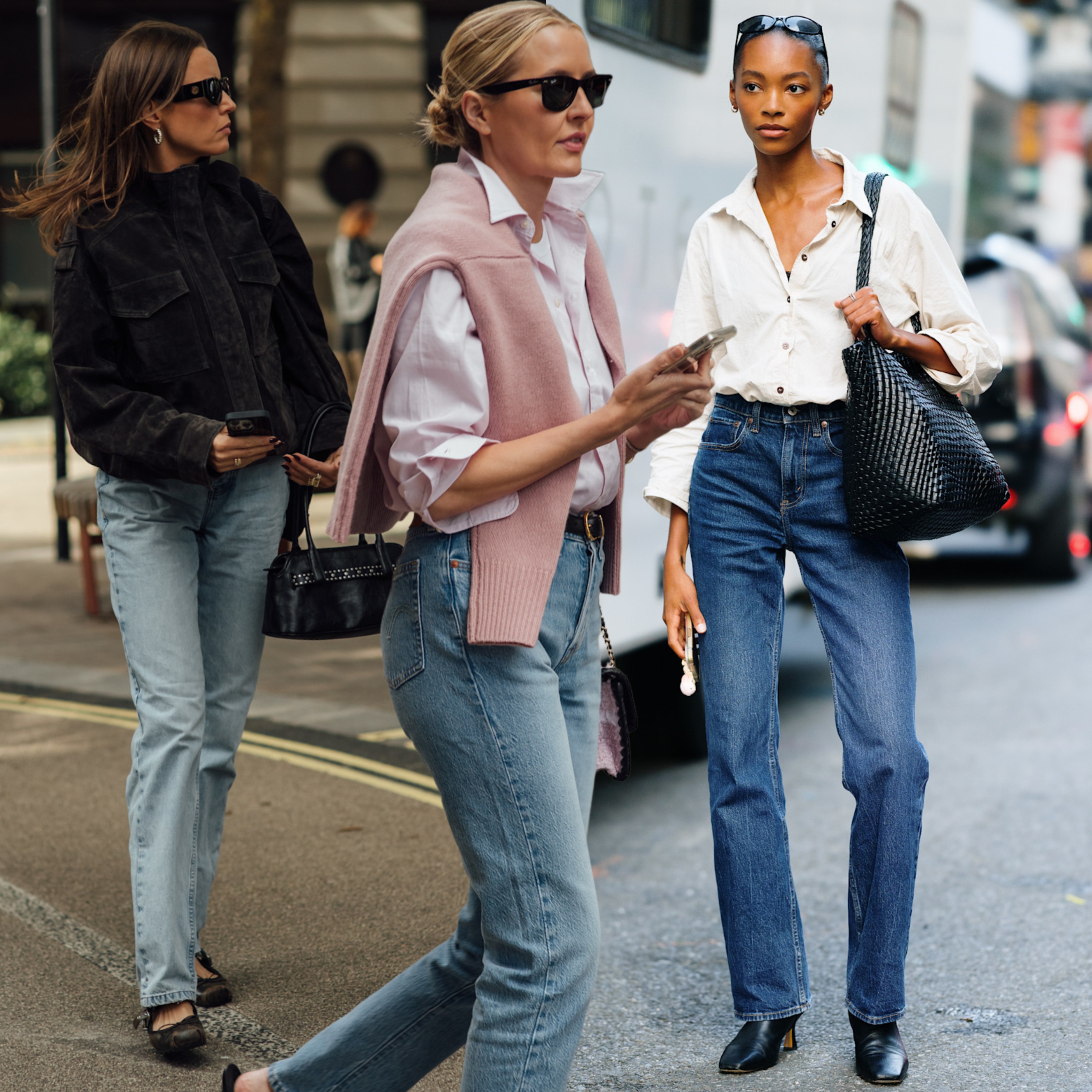 collage of women wearing stovepipe jeans 
