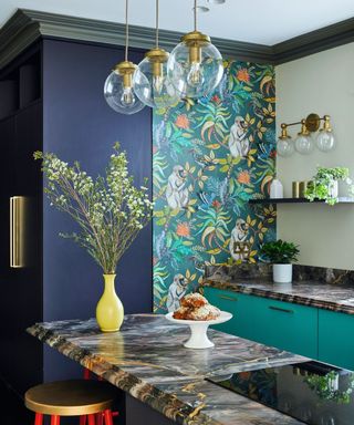 Green and blue kitchen with monkey kitchen wall mural