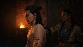 Blood of Dawnwalker protagonist Coen rests shirtless and scarred in front of a female character