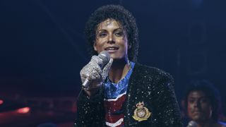 Jaafar Jackson portrays Michael Jackson, singing in the Michael movie. Image by Glen Wilson/Lionsgate