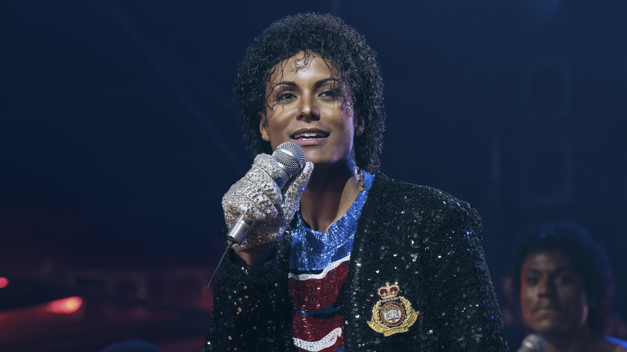 Jaafar Jackson portrays Michael Jackson, singing in the Michael movie. Image by Glen Wilson/Lionsgate