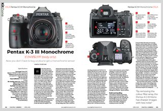 Image showing the first two pages of the Pentax K-3 III Monochrome review, in issue 292 (April 2025) of Digital Camera magazine