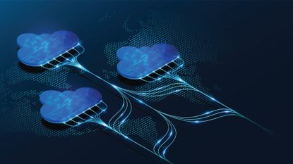 Multi-cloud concept image showing three separate cloud symbols on a digital interface connected by glowing lines of data.