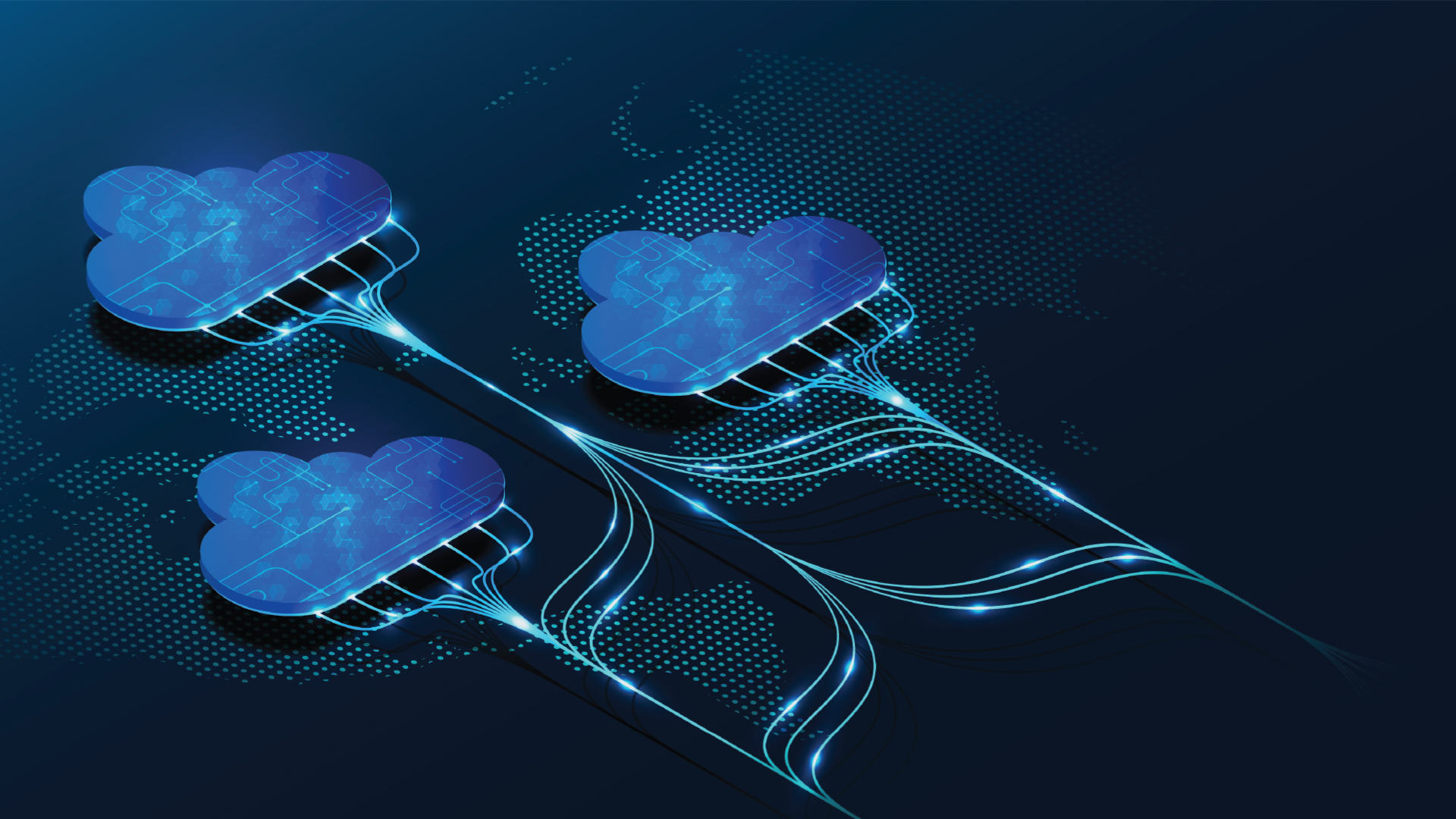 Multi-cloud concept image showing three separate cloud symbols on a digital interface connected by glowing lines of data.