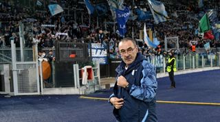 SS Lazio head coach Maurizio Sarri greets the Lazio fans at the end of the game the UEFA Europa League Knockout Round Play-Offs Leg Two match between Lazio Roma and FC Porto at Olimpico Stadium on February 24, 2022 in Rome, Italy.