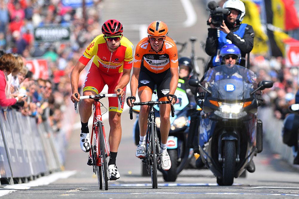 The two-man breakaway on stage 1: Ludwig De Winter (Wallonie-Bruxelles) and Brian Van Goethem (Roompot Oranje Peloton)