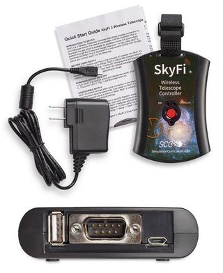 The SkyFi III package, replicated as the Meade Stella and the Orion StarSeek, features an RS-232 D-Sub connection, a USB-A port used in brands such as the Meade LightSwitch series of telescopes, and a micro-USB port and AC adapter for recharging its internal batteries. A single button powers the unit on and off, and performs a factory reset. Three LEDs indicate power, charging and data operations.