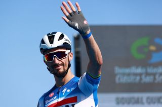 SAN SEBASTIAN SPAIN AUGUST 10 Julian Alaphilippe of France and Team Soudal QuickStep prior to the 44th Donostia San Sebastian Klasikoa 2024 a 236km one day race from San Sebastian to San Sebastian UCIWT on August 10 2024 in San Sebastian Spain Photo by Gonzalo Arroyo MorenoGetty Images