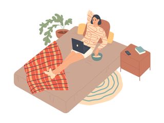 Illustration of a woman relaxing on a bed with a laptop on her lap, enjoying a bowl of popcorn
