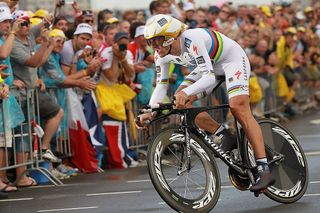 Time trial world champion Fabian Cancellara in full flight en route to winning the prologue of the 2010 Tour de France in Rotterdam, in the Netherlands