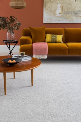 A living room with round wooden coffee table, light grey carpet, terracotta velvet sofa and terracotta wall paint decor