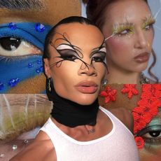 Collage of maximalist makeup worn and created by Lynda Florae, Kauv Onazh, and Rowi Singh.