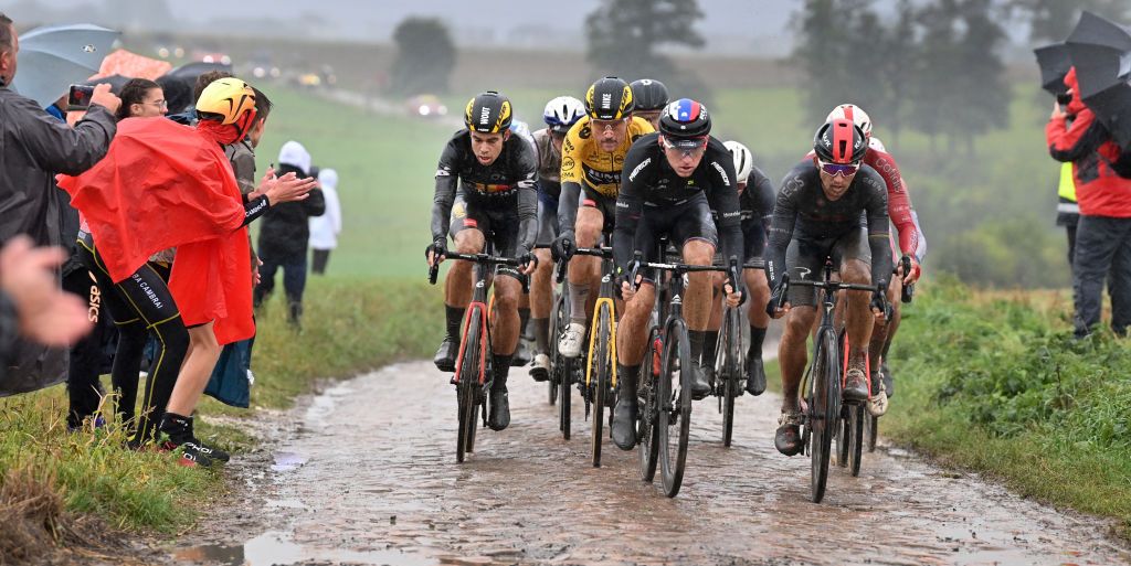 Belgian Wout Van Aert of Team JumboVisma L pictured in action during the men elite race of the ParisRoubaix cycling event 2577km from Compiegne to Roubaix France on Sunday 03 October 2021 BELGA PHOTO DAVID STOCKMAN Photo by DAVID STOCKMANBELGA MAGAFP via Getty Images