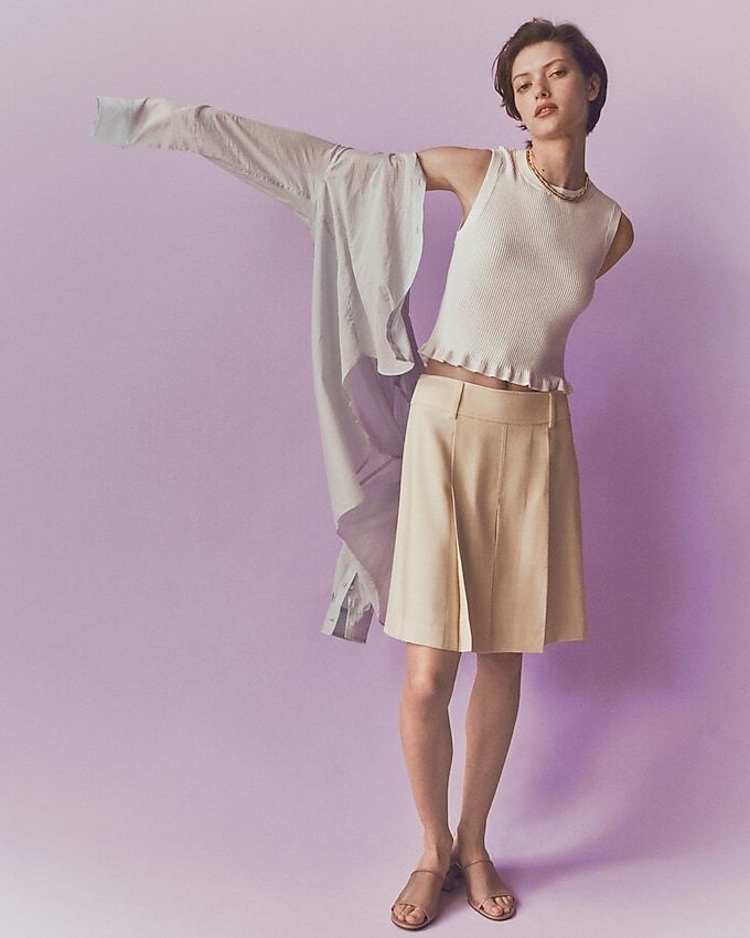 Pleated Knee-Length Skirt in Luster Canvas
