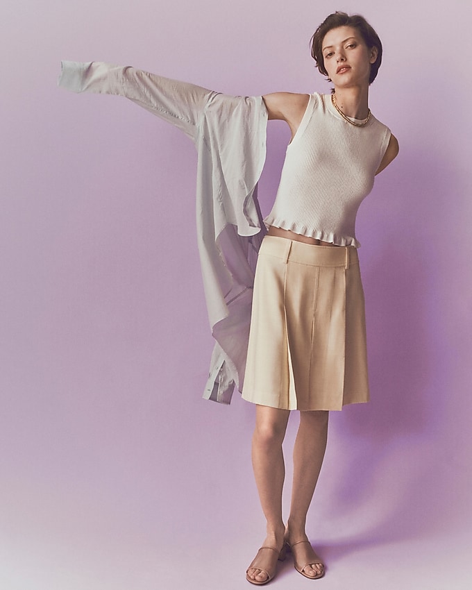 Pleated Knee-Length Skirt in Luster Canvas