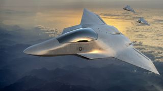 a rendering of a futuristic fighter jet in the sky