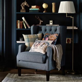sitting area with grey armchair and book shelf and blue wall