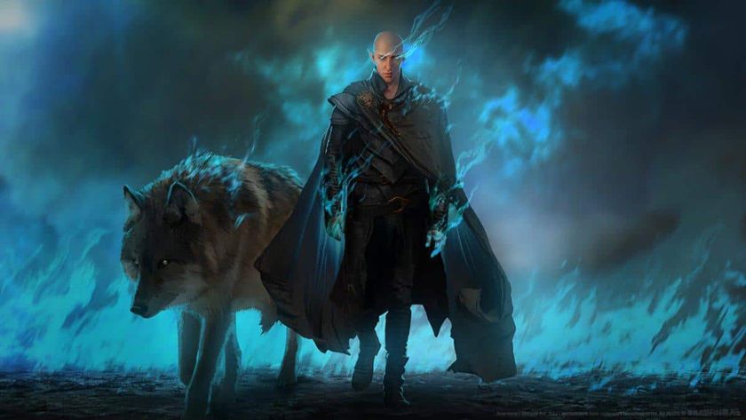 Dragon Age Dreadwolf antogonist, Solas the elf, with a huge wolf walking next to him through smoke