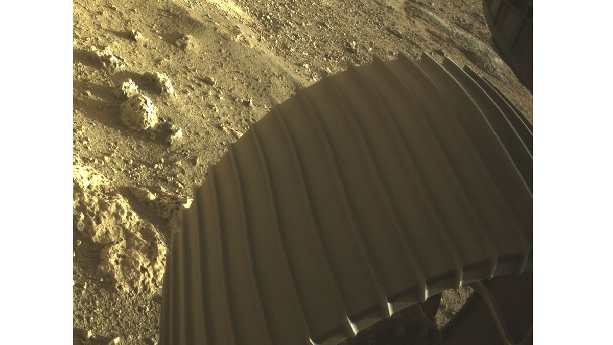 One of Perseverance&rsquo;s Hazard Detection Cameras (HazCams) snapped an up-close view of one of the rover&rsquo;s aluminum wheels. The rover has six wheels, each with its own individual motor. The six HazCams are located on the front and rear of the rover. This HazCam photo captures a detailed view of the rocky Martian soil beneath the rover&rsquo;s wheel.