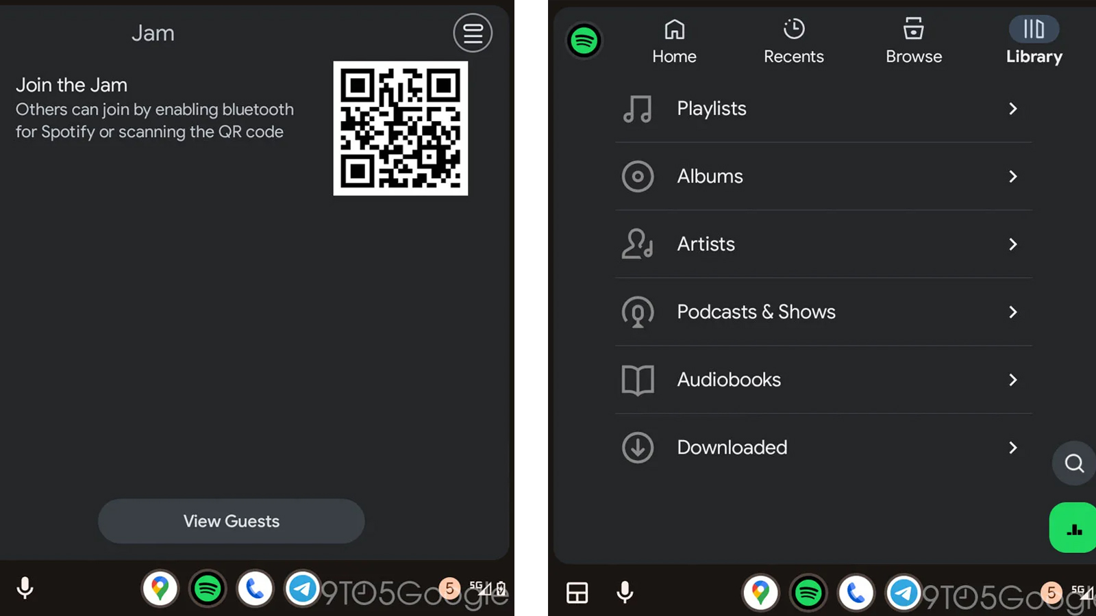Two Android Auto screenshots showing the Spotify app